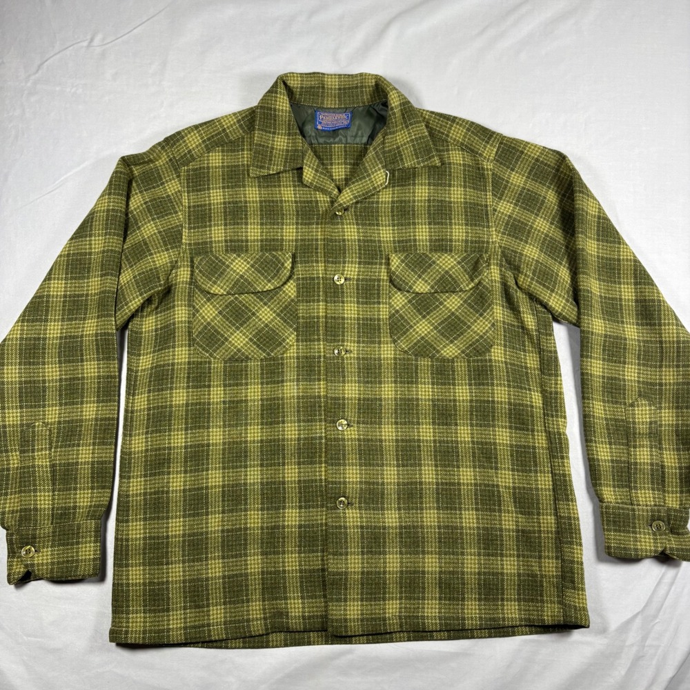 Vintage Pendleton Board Shirt Mens Medium Green Plaid Wool Camp Collar 70s